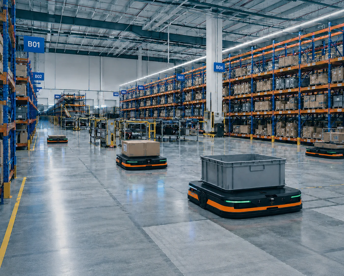 Robots móviles autónomos operando en un almacén automatizado