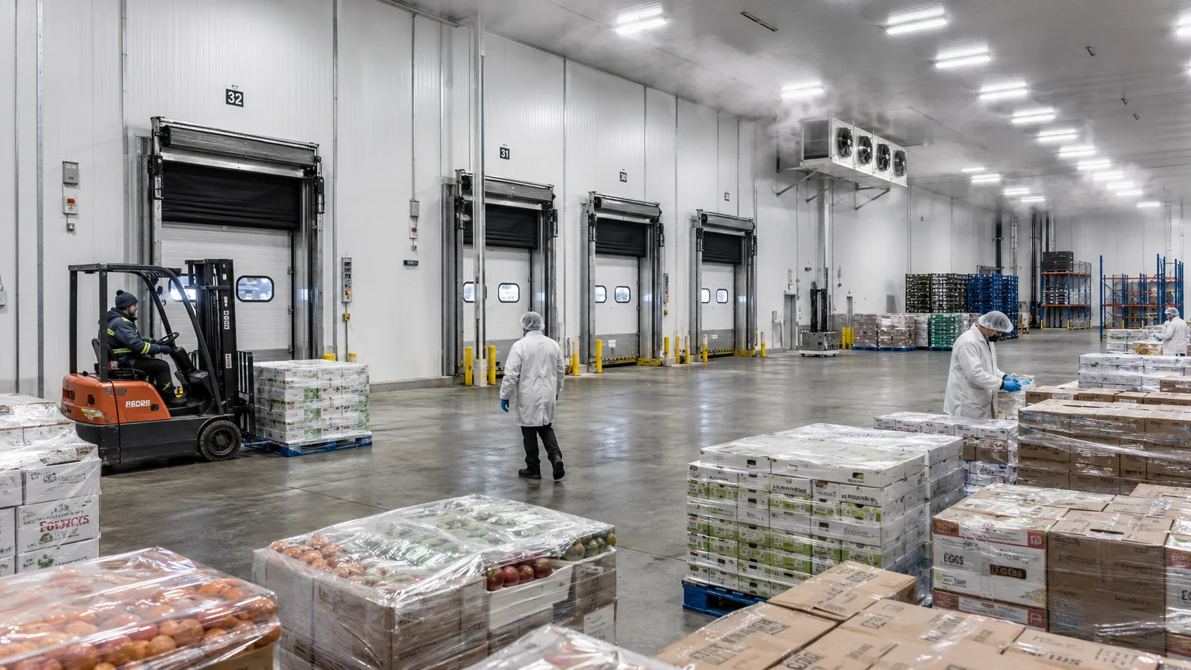 Cámara de almacenamiento refrigerado con productos en pallets
