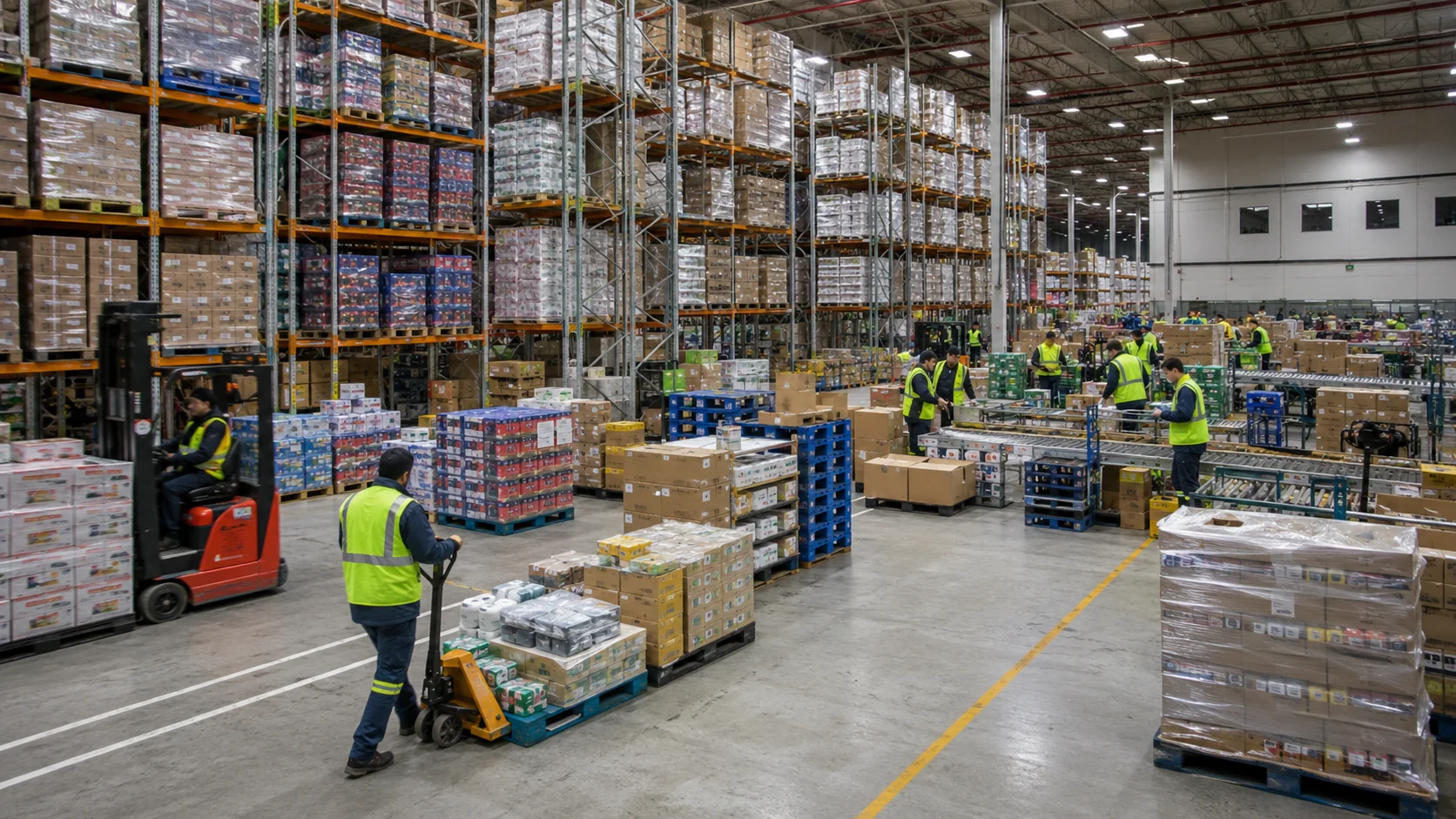 Racks de gran altura con pallets de productos de consumo masivo