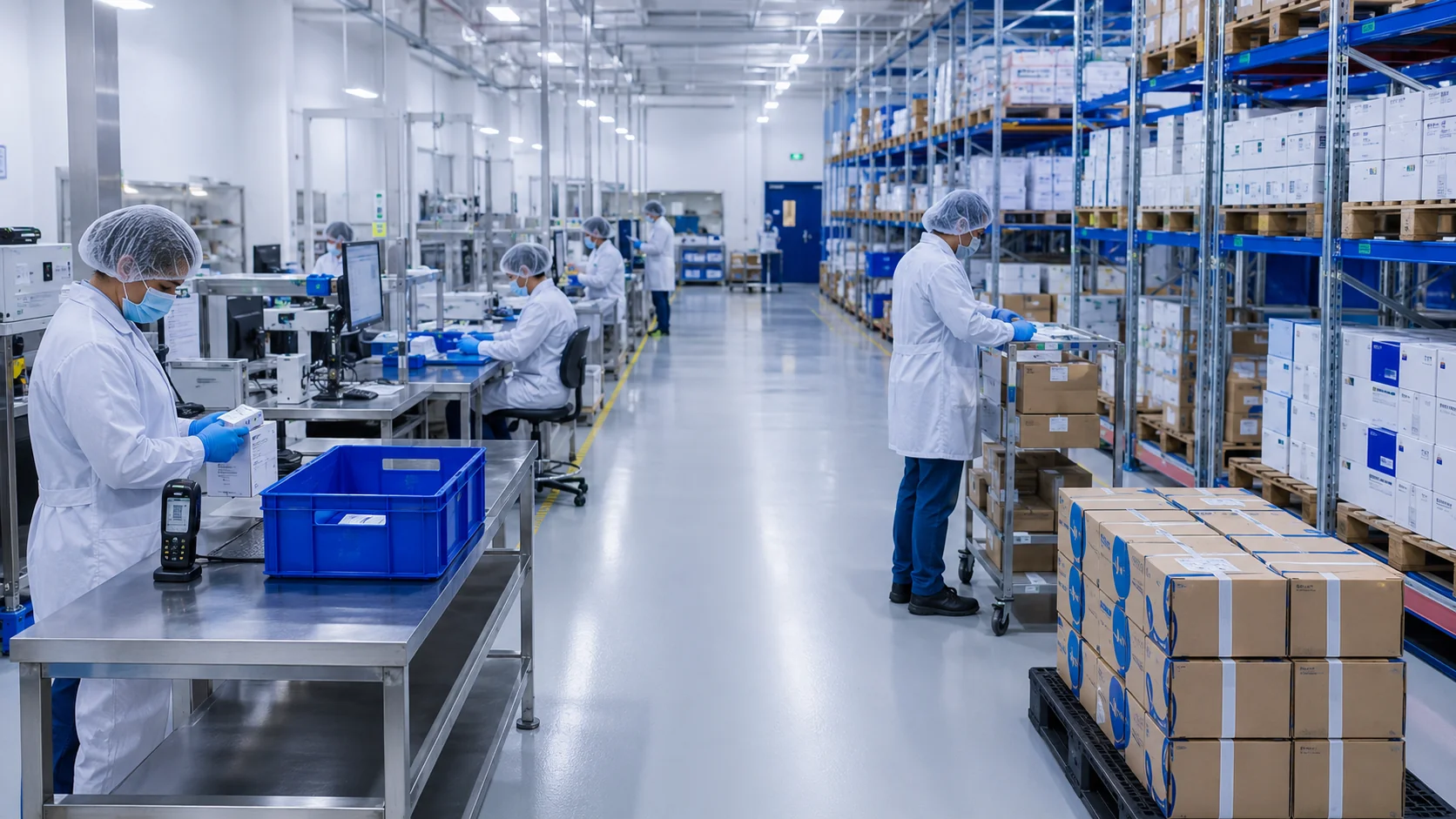 Estanterías segregadas en un almacén farmacéutico controlado