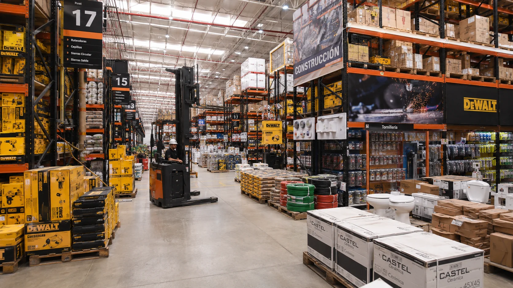 Almacén de ferretería con estanterías de productos y materiales diversos